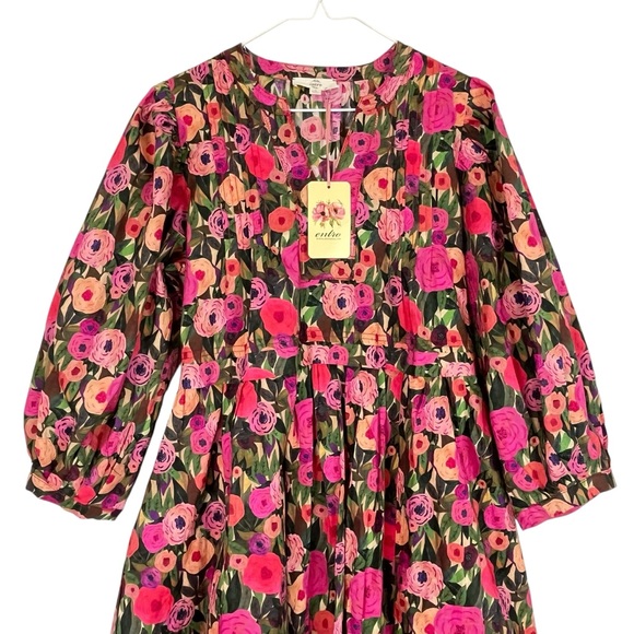 Entro NWT Pink Green Boho Puff Sleeve Mini Floral Babydoll Dress Size Small - Picture 2 of 11